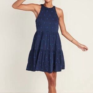 OLD NAVY Blue Leaf Print Sleeveless Tiered Halter Swing Dress sz Small